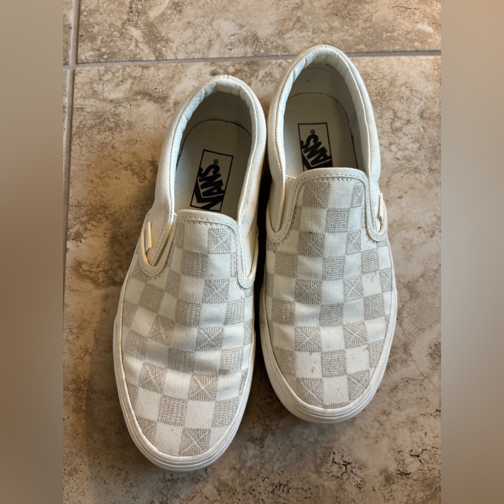 Vans Women’s Checkered Slip-On Sneakers - Cream/White Embroidered
